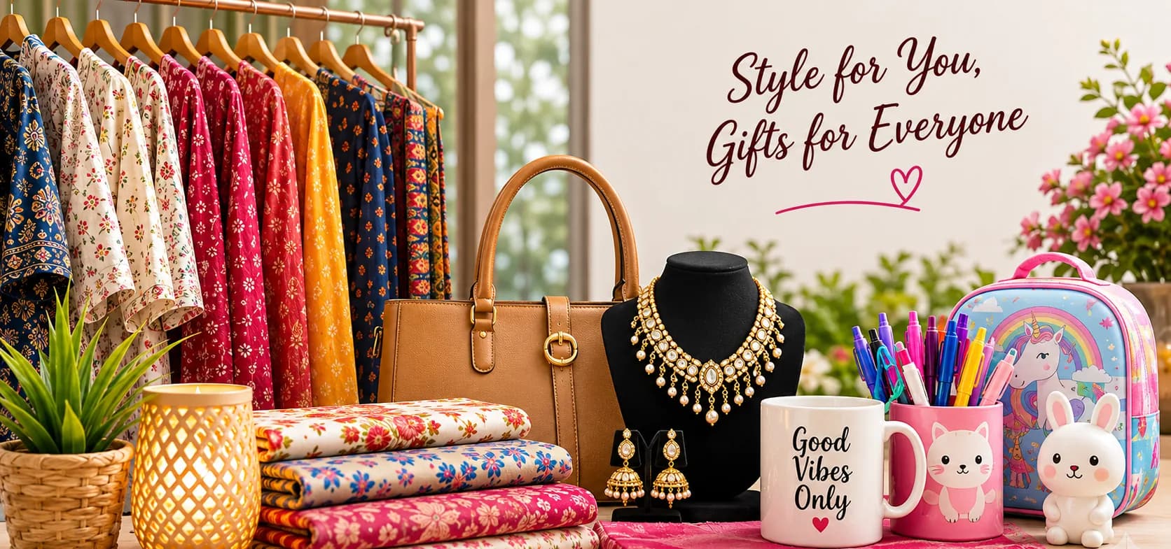 Sarees, a handbag, jewellery, gift mugs and kids' items styled together — style for you, gifts for everyone