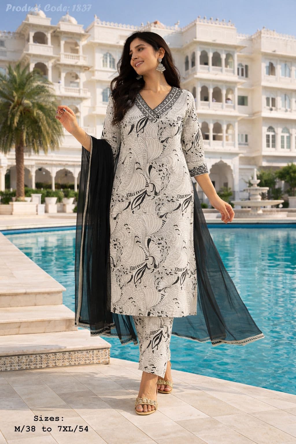 Elegant Ivory Printed Pure Cotton Kurti Pant Set with Chiffon Dupatta