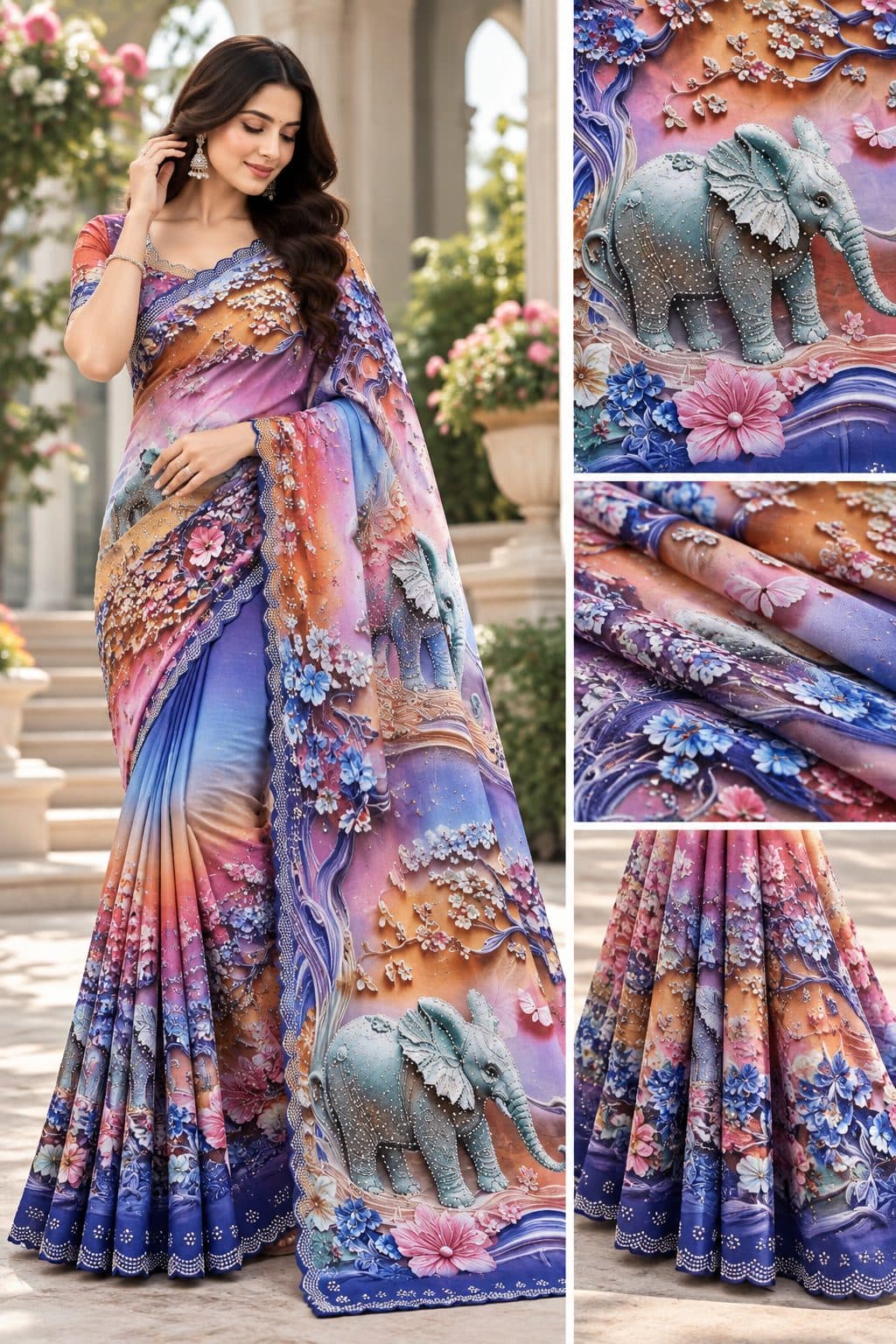 3D Elephant Print Saree with Swarovski work